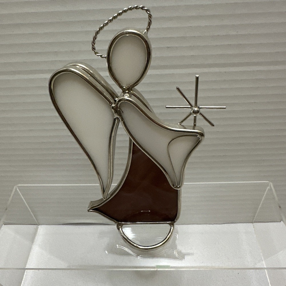 Stained Glass Angel Figurine Holding‎ Star. Mauve With Siver Metal.